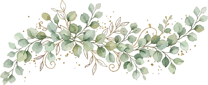 Watercolor eucalyptus branch garland with gold foil accents for wedding invitation design and elegant botanical stationery border decorative element