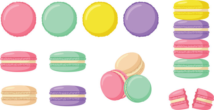 Colorful French Macaron Vector Icon Set with Sweet Pastel Macaroons Stacked and Broken Pieces for Bakery Dessert Caf&eacute; and Confectionery Graphic Designs