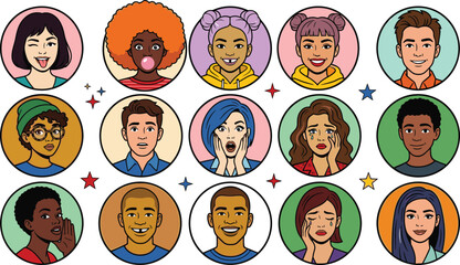 Fototapeta premium Diverse People Face Avatars Vector Set with Comic Book Pop Art Style Expressions Including Happy Shocked Crying Whispering and Winking