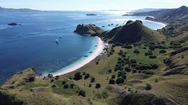 Aerial 4K Drone Footage Pink Beach Padar Island Komodo Indonesia Rare Pink Sand
