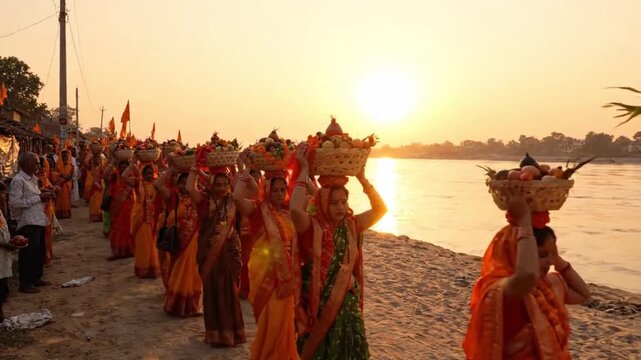 Group of Indian women carrying traditional offering baskets on heads along the river at sunrise during Chhath Puja
