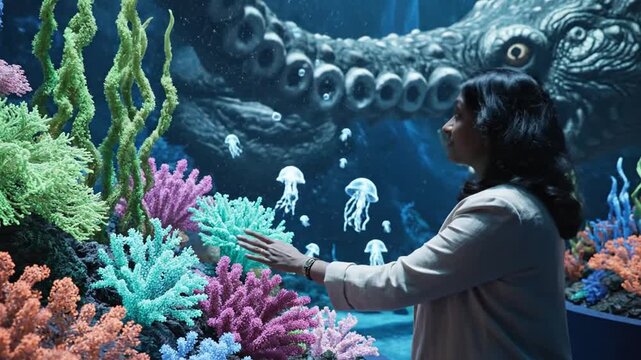 Woman explores immersive underwater fantasy exhibit with digital creatures