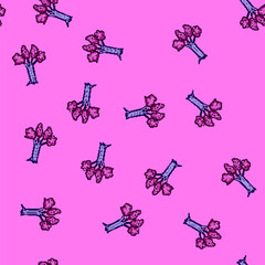 Naklejka premium seamless pattern Cartoon fantasy tree with a textured purple trunk and vibrant pink foliage, featuring small dark spots, creating a whimsical and enchanting natural element for creative designs