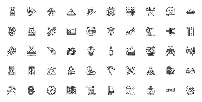 Minimal line art adventure sports icon set: featuring walkie talkie, hang glider, bike, tent, helmet, life jacket, snowboard, map and more. Editable vector stroke.