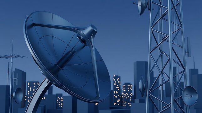 Complex satellite dish array and telecommunication towers overlooking a modern city skyline during the blue hour for network connectivity