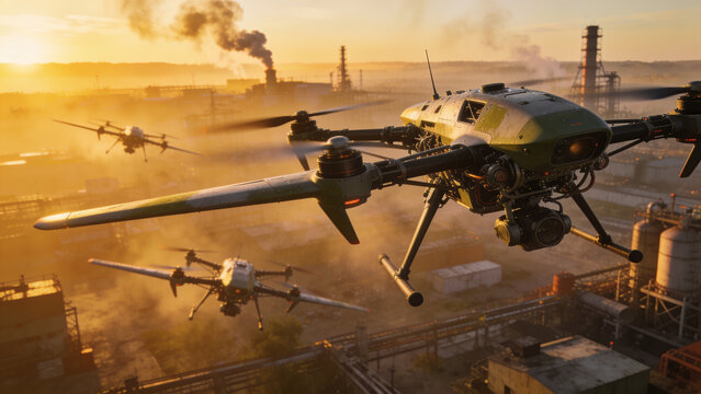 Military drones flying over an industrial refinery at sunset, representing unmanned aerial technology, surveillance, defense, and critical infrastructure.