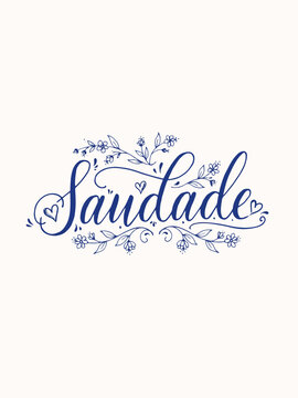 Saudade Calligraphy with Blue Floral Elements on White
