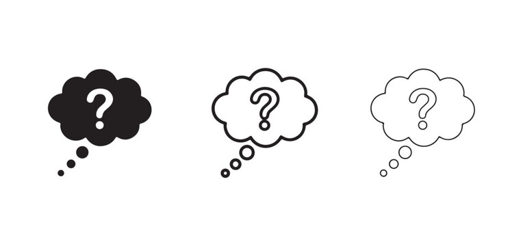 thought bubbles with question marks in different line styles  black filled outline and line art on white background