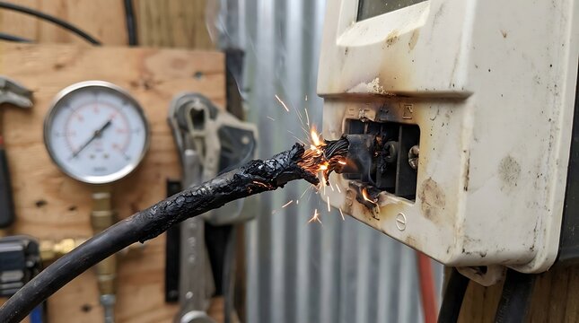 Dangerous electrical short circuit with burning wire and bright sparks coming from a damaged power meter box in a workshop or industrial setting