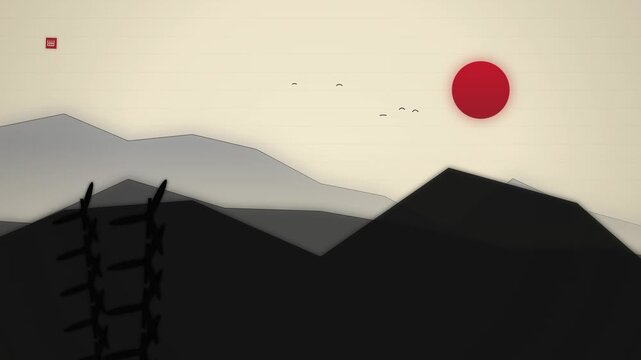 Minimalist Japanese Landscape Motion Graphic with Red Sun and Birds