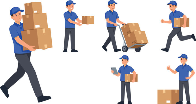 Courier Delivery Man Character Vector Set Featuring Male Postman in Blue Uniform Carrying Cardboard Boxes and Pushing Hand Truck for Logistics Designs