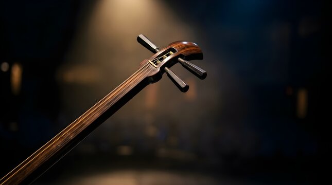 Headstock of a Japanese shamisen string instrument on a dark stage