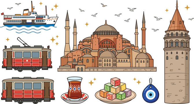 Istanbul Landmarks and Traditional Culture Vector Illustration Set Featuring Hagia Sophia Galata Tower Ferry Red Tram Turkish Tea Delight and Evil Eye amulet
