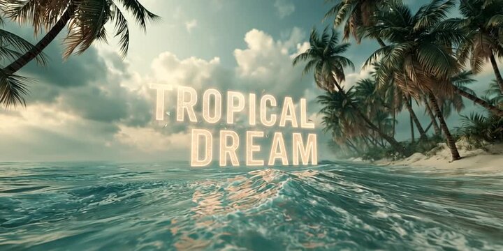 A seamless loop of a tropical beach with palm trees swaying in slow wind, turquoise water gently moving, and glowing floating typography reading &ldquo;TROPICAL DREAM.&rdquo;