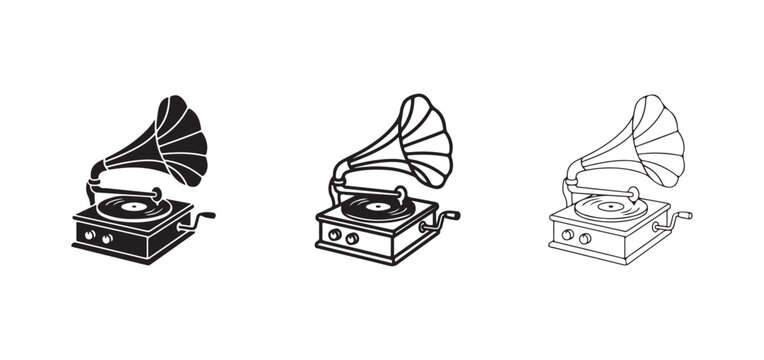 vintage gramophone designs in black and white line art styles for music nostalgia and retro audio equipment concepts  isolated on transparent background