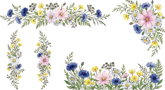 Watercolor wildflower floral frames and borders collection with cornflowers cosmos and daisies for wedding stationery and greeting card designs