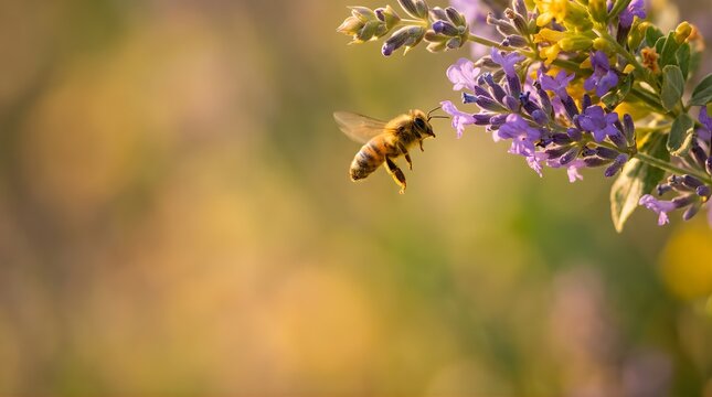 Honey bee flying to collect nectar from purple lavender flower outdoors