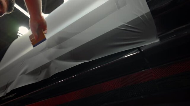 Close up shoot of a instal vinyl wrap on a car body in a workshop. detailing process with film installation, smooth matte finish and precision work