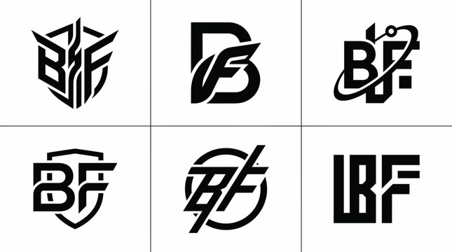 Set of six creative BF letter logo designs in black and white.