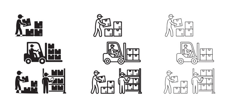 Warehouse workers loading and unloading packages with forklifts and shelves in various styles and colors  industrial icons