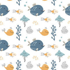 Cute tropical anglerfish and narwhal seamless pattern in doodle scandinavian style. Hand drawn vector illustration of sea creatures and plants, corals, underwater inhabitants. Kids nursery pattern. © ZhumaStudio