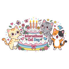 Fototapeta premium Cute cats celebrating international cat day with cake 