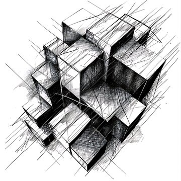 Abstract Geometric Cube Composition Pencil Sketch with Dynamic Architectural Lines