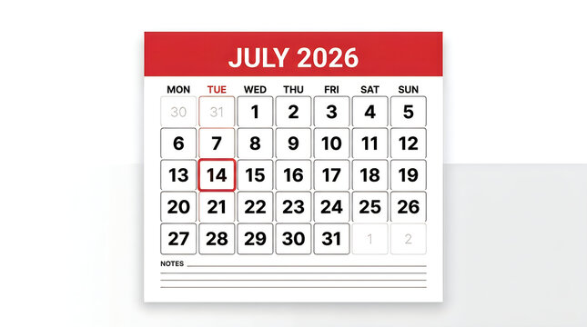 July 2026 calendar page with marked date