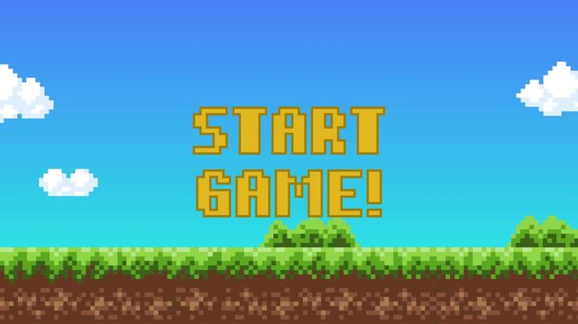 Animated start game text pixel art background 8-bit retro video game screen with landscape pixel background. 4k video