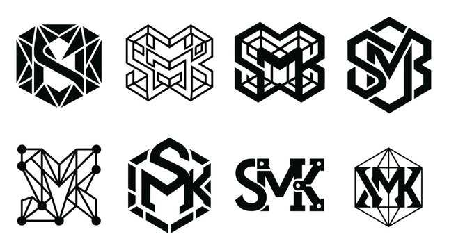 Collection of eight unique geometric monogram logos featuring intertwined letters SM and SMK in various hexagonal and abstract designs.