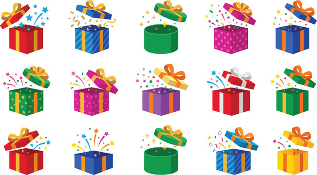 Opened Gift Box Vector Icon Set with Confetti and Stars Exploding out of Colorful Birthday Present Boxes for Holiday Greeting Card Celebration Graphic Designs