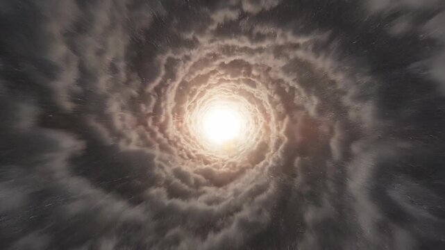 Spiral vortex of dark clouds with bright light in the center creating a dramatic sky scene