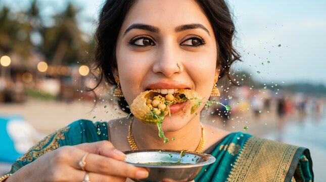 Elegant woman in traditional green attire eating messy, splashy pani puri at a crowded beach. Authentic and fun Indian street food experience.
