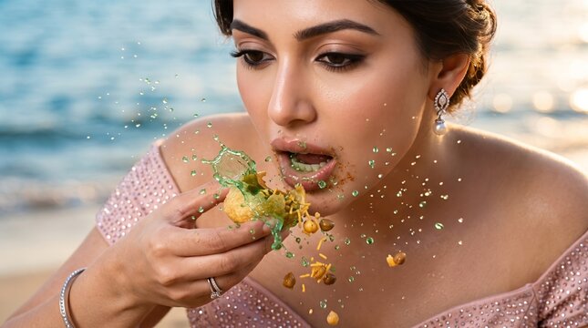 Vibrant lifestyle shot of an Indian woman relishing golgappa (pani puri) at the beach. Dynamic water splashes capture the exciting flavors.