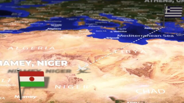 Flight From Athens GREECE to Niamey NIGER with flag pins