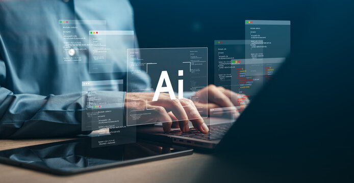 Businessman developing software with artificial intelligence, AI agent and programming code technology on laptop concept.