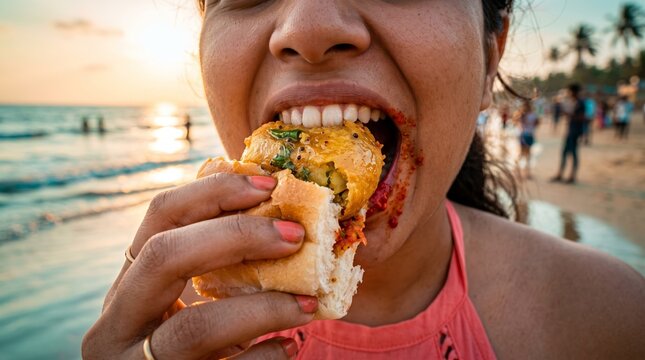 Close-up of a young woman eagerly eating a spicy vada pav snack at the beach during a beautiful golden sunset.