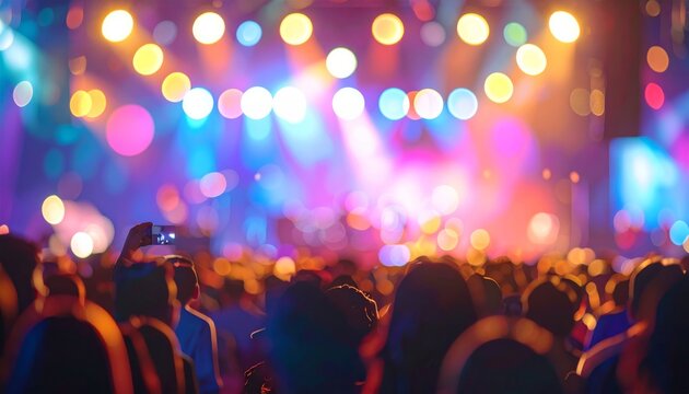Energetic crowd dancing at live music concert and nightclub party with colorful stage lights, silhouettes of people enjoying rock festival and DJ performance