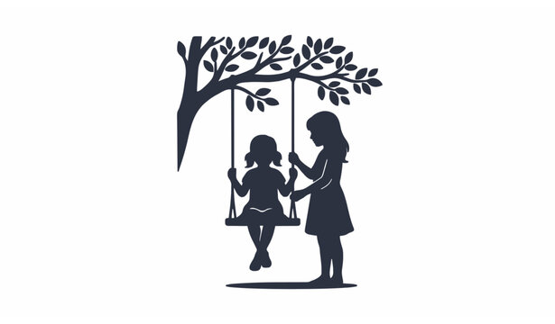 Minimal black silhouette vector design of two sisters playing under tree swing scene symbolizing emotional childhood memories and sisterhood bond