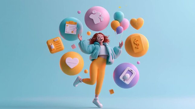 A playful character spins while juggling oversized floating icons for work, family, fitness, finances, and hobbies in a seamless, exaggerated motion loop.