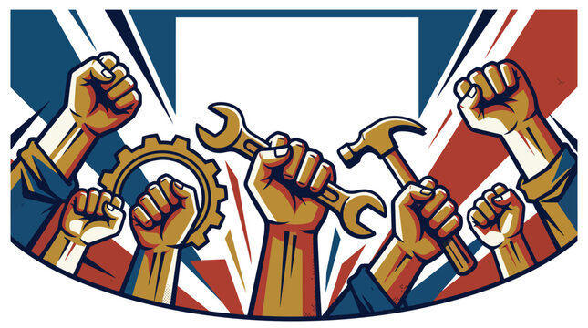 Retro propaganda poster style vector illustration of raised fists holding wrench hammer and cogwheel for labor union and worker solidarity day