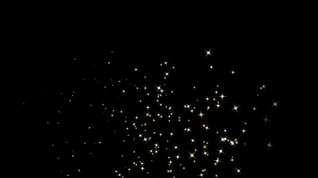 Cinematic bokeh gold star particles bursting and scattering randomly, radiant cosmic twinkling light rays overlay for magical transitions and VFX video editing projects