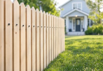 Fototapeta premium Bright modern townhouse backyard featuring lush lawn, wooden fence, blue stone pathway, stylish landscaping, sunny outdoor living space, residential garden, relaxation, comfort, contemporary design.