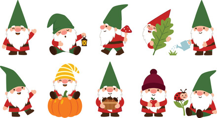 Cute Garden Gnome Cartoon Character Vector Set with Whimsical Autumn Fall Poses Holding Pumpkin Mushroom Lantern and Watering Can for Festive Graphic Designs © Lota