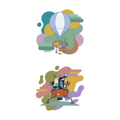 Vector Illustration Set Featuring Lunar Lander Space Exploration Modules and Parachutes © Astutike Studio