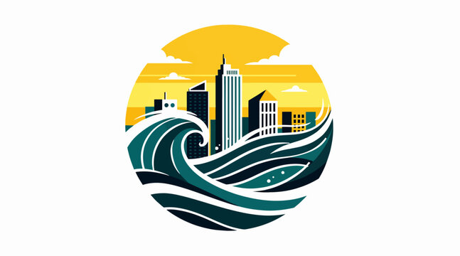 City skyline with stylized ocean waves and sunset.