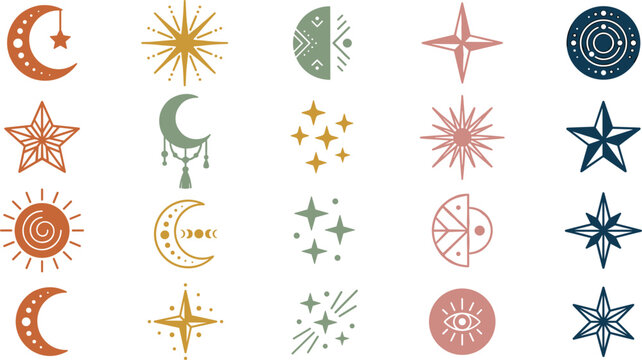 Celestial Boho Star and Moon Vector Icon Set Featuring Mystic Suns Crystals Evil Eye and Esoteric Astrological Elements for Magic Greeting Card Graphic Designs