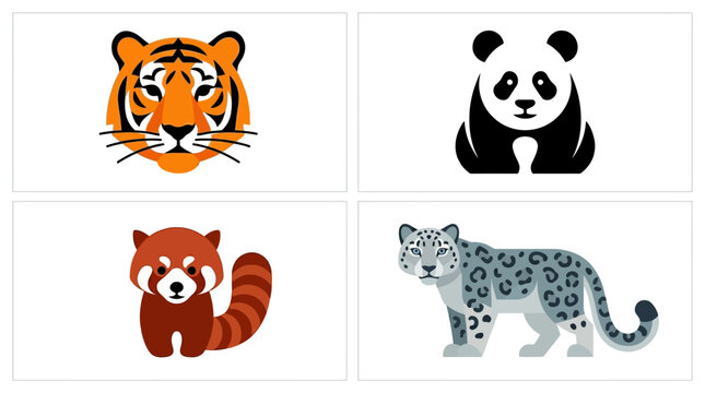 Collection of four distinct Asian wild animal illustrations including tiger panda red panda and snow leopard.