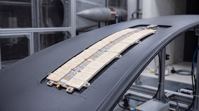 Automotive roof panel with integrated solar cells, a modern electric vehicle component for sustainable energy, innovative car technology for renewable power generation, future of transportation.