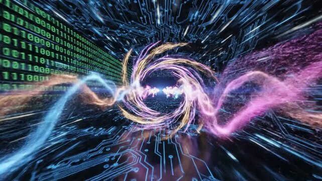 Traveling Through Futuristic Digital Data Vortex with Glowing Energy and Binary Code